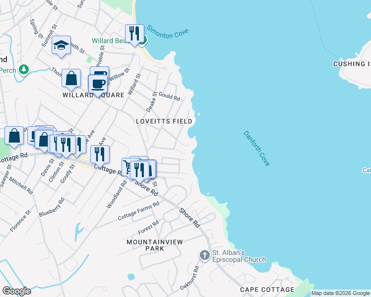 map of restaurants, bars, coffee shops, grocery stores, and more near 1 Channel Road in South Portland