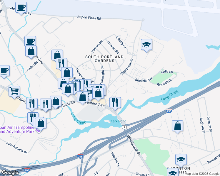 map of restaurants, bars, coffee shops, grocery stores, and more near 550 Westbrook Street in South Portland