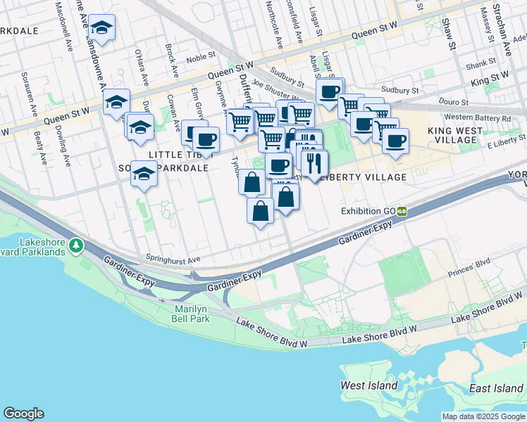 map of restaurants, bars, coffee shops, grocery stores, and more near in Toronto