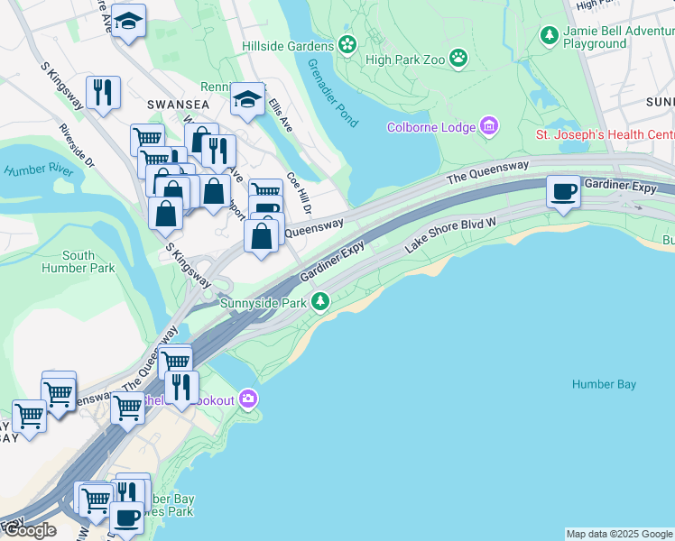 map of restaurants, bars, coffee shops, grocery stores, and more near in Toronto
