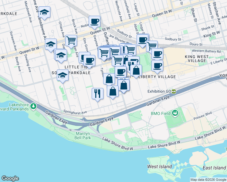 map of restaurants, bars, coffee shops, grocery stores, and more near in Toronto