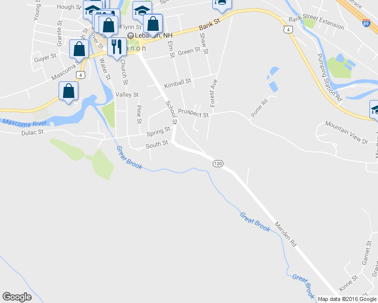 map of restaurants, bars, coffee shops, grocery stores, and more near 112 School Street in Lebanon