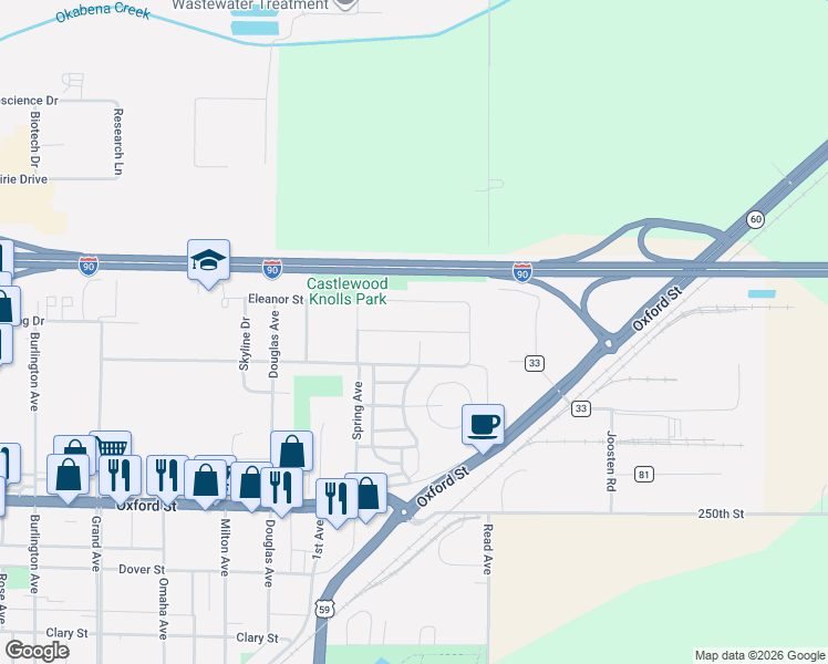 map of restaurants, bars, coffee shops, grocery stores, and more near Castlewood Drive in Worthington