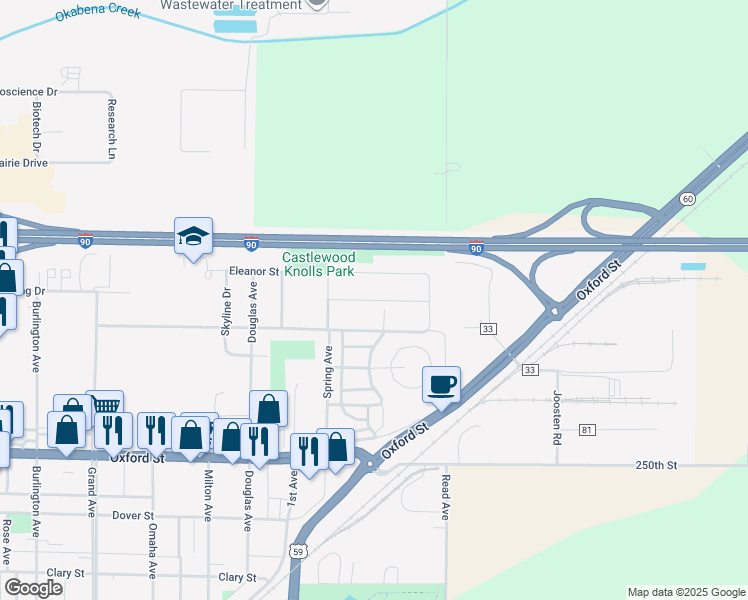 map of restaurants, bars, coffee shops, grocery stores, and more near Castlewood Drive in Worthington