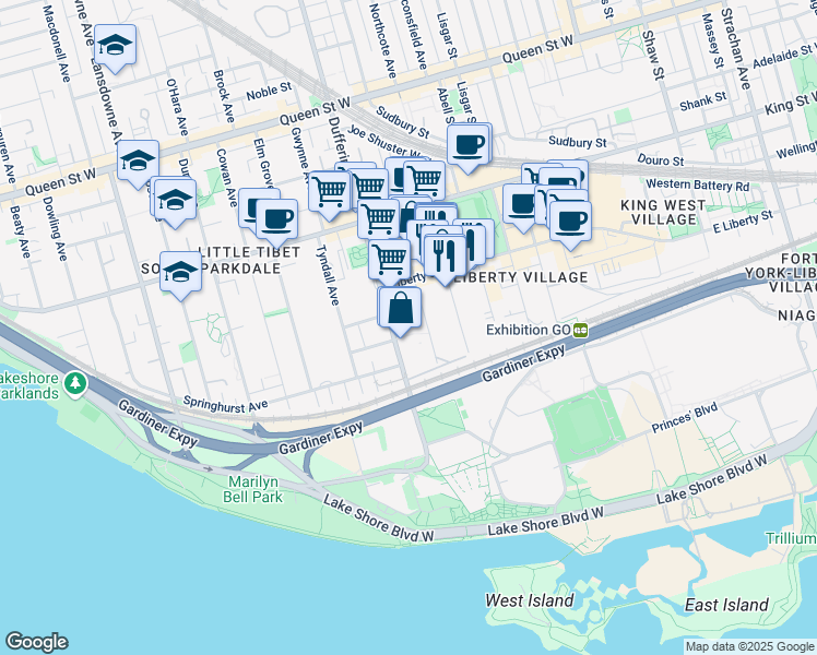 map of restaurants, bars, coffee shops, grocery stores, and more near 62 Fraser Avenue in Toronto