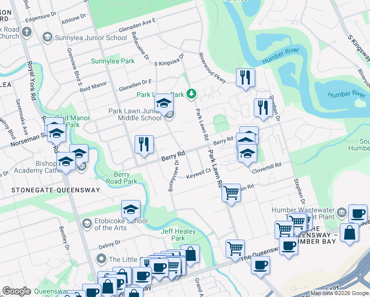 map of restaurants, bars, coffee shops, grocery stores, and more near 2 Minden Crescent in Toronto