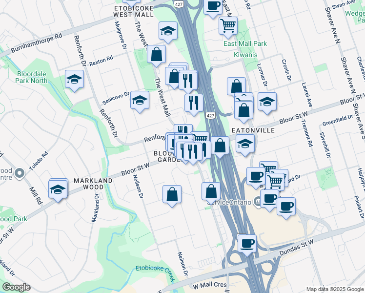 map of restaurants, bars, coffee shops, grocery stores, and more near 306 The West Mall in Toronto