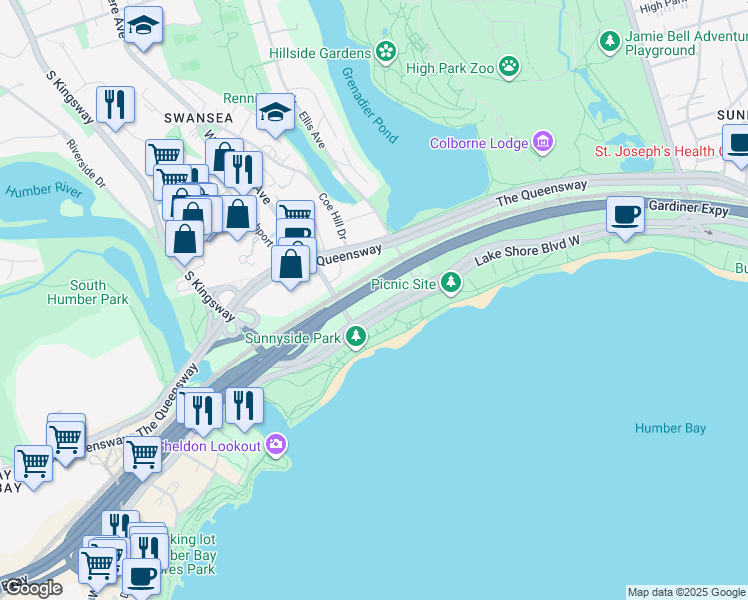 map of restaurants, bars, coffee shops, grocery stores, and more near 1926 Lake Shore Boulevard West in Toronto