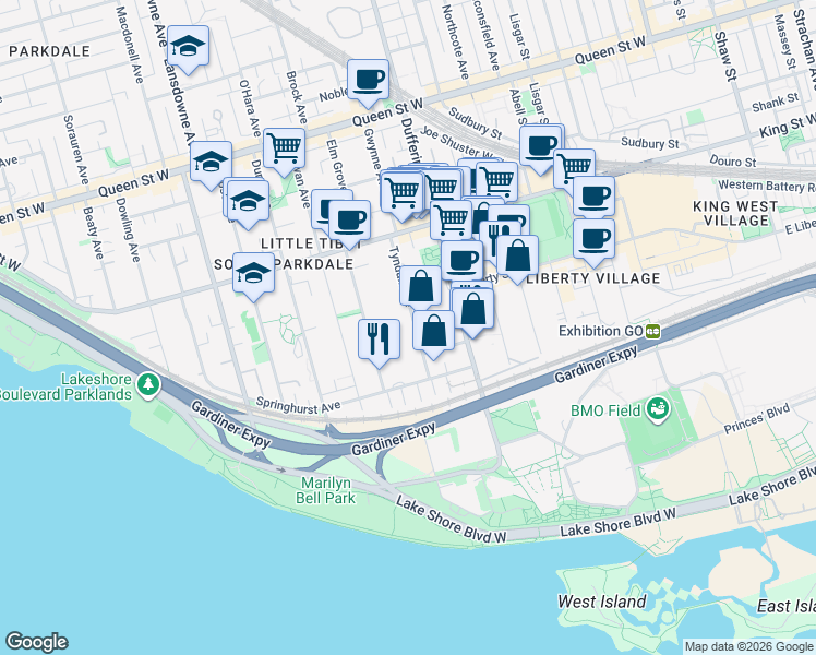 map of restaurants, bars, coffee shops, grocery stores, and more near 60 Tyndall Avenue in Toronto