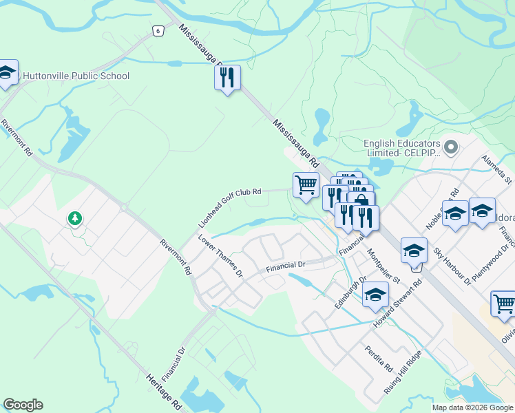 map of restaurants, bars, coffee shops, grocery stores, and more near Bushfield Crescent in Brampton