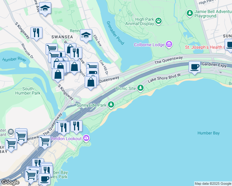 map of restaurants, bars, coffee shops, grocery stores, and more near in Toronto