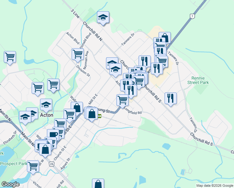 map of restaurants, bars, coffee shops, grocery stores, and more near 281 Peel Street in Acton