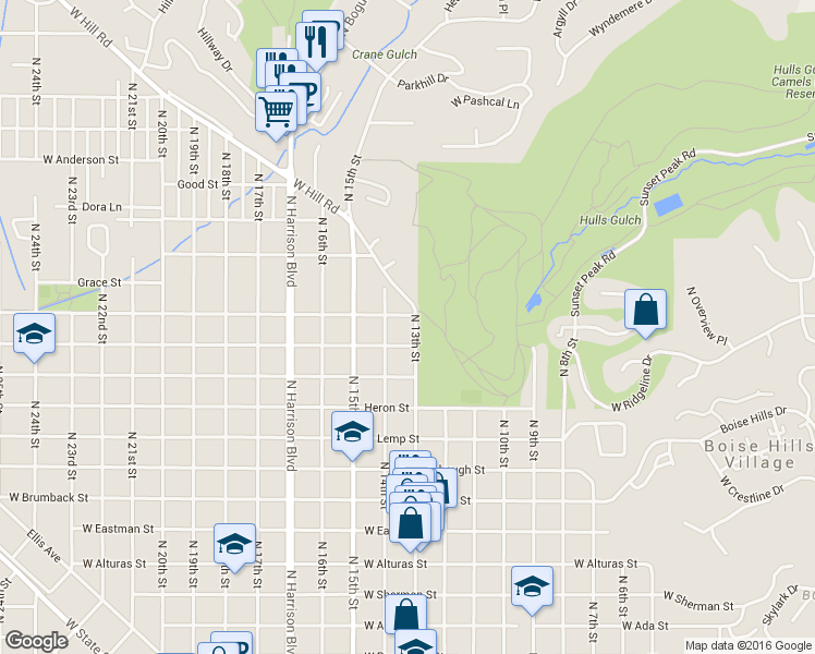 map of restaurants, bars, coffee shops, grocery stores, and more near 1305 West Irene Street in Boise