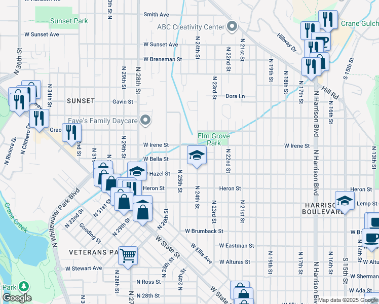 map of restaurants, bars, coffee shops, grocery stores, and more near 1801 North 24th Street in Boise