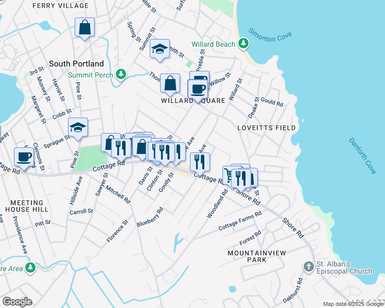 map of restaurants, bars, coffee shops, grocery stores, and more near 62 Elsmere Avenue in South Portland