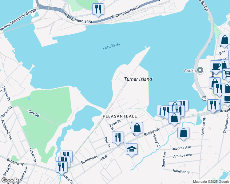 map of restaurants, bars, coffee shops, grocery stores, and more near 55 Elm Street in South Portland