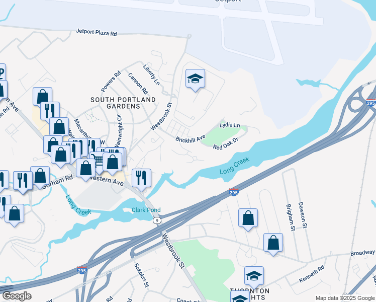 map of restaurants, bars, coffee shops, grocery stores, and more near 1 Red Oak Drive in South Portland