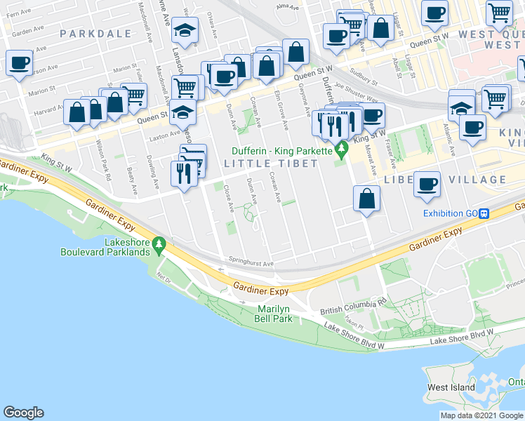 map of restaurants, bars, coffee shops, grocery stores, and more near 147 Dunn Avenue in Toronto