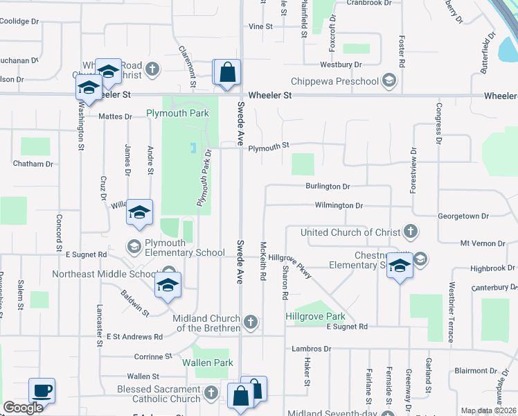 map of restaurants, bars, coffee shops, grocery stores, and more near 1805 Wilmington Drive in Midland