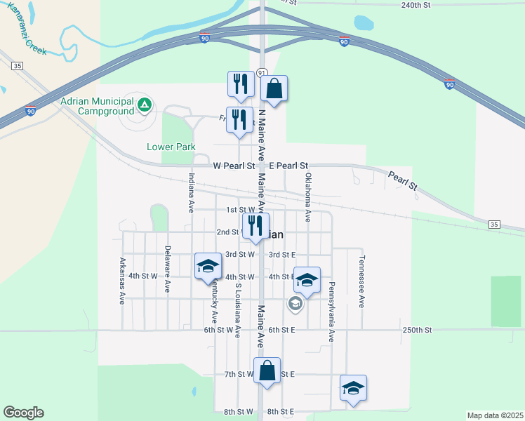 map of restaurants, bars, coffee shops, grocery stores, and more near 117 Maine Avenue in Adrian