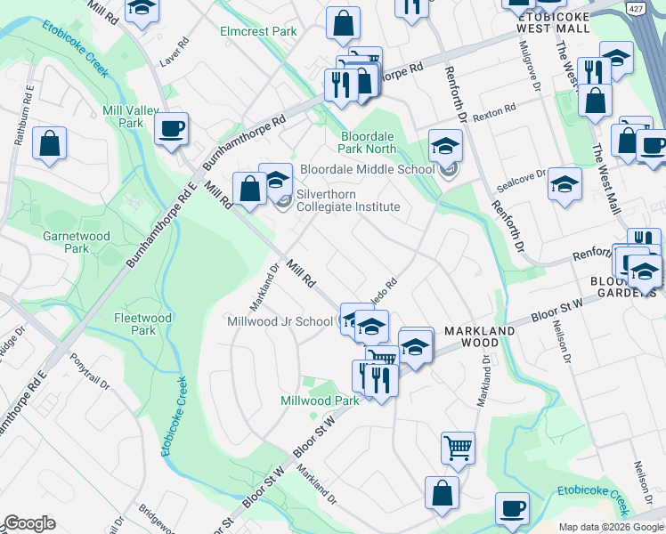 map of restaurants, bars, coffee shops, grocery stores, and more near in Toronto