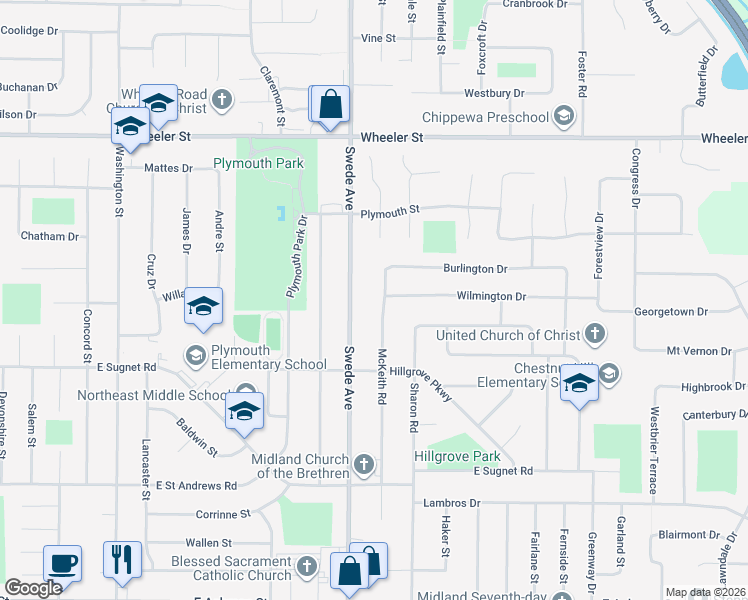 map of restaurants, bars, coffee shops, grocery stores, and more near 1805 Wilmington Drive in Midland