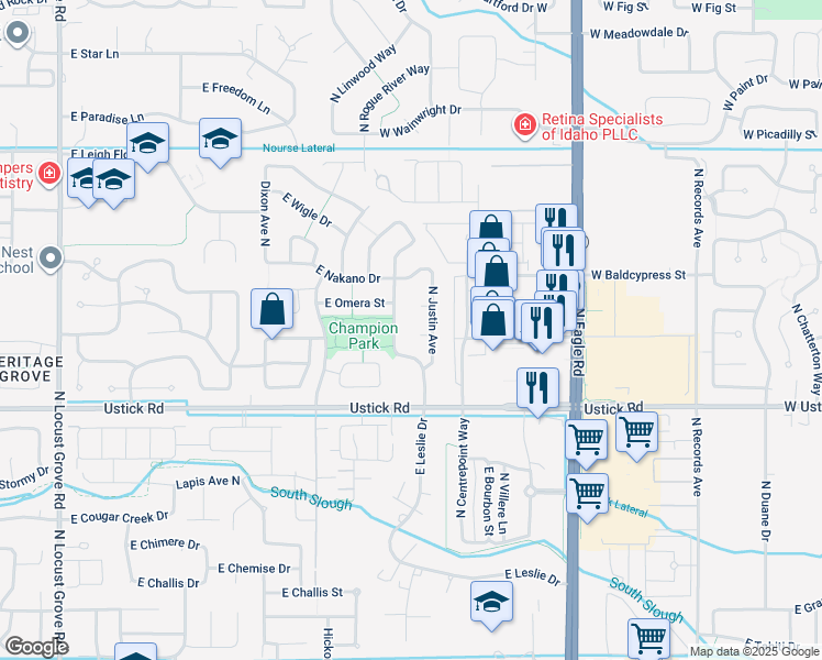 map of restaurants, bars, coffee shops, grocery stores, and more near 3512 North Leslie Way in Meridian