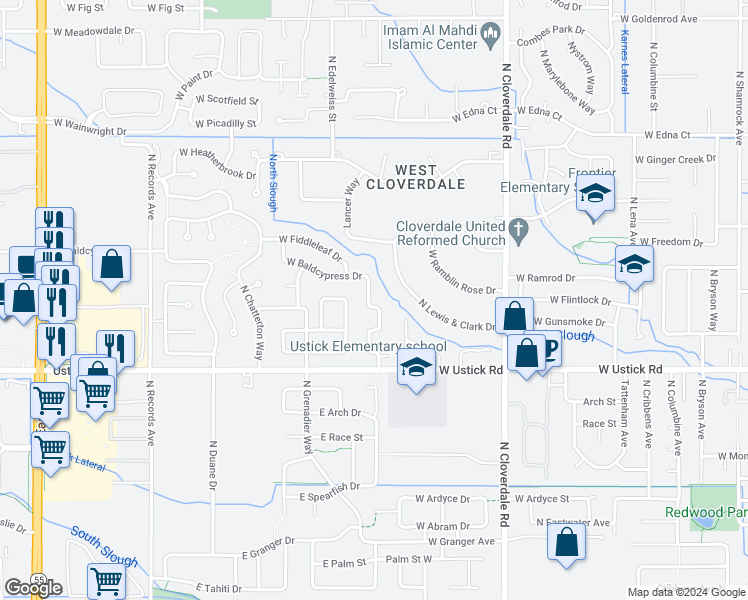 map of restaurants, bars, coffee shops, grocery stores, and more near 3458 North Campton Way in Boise