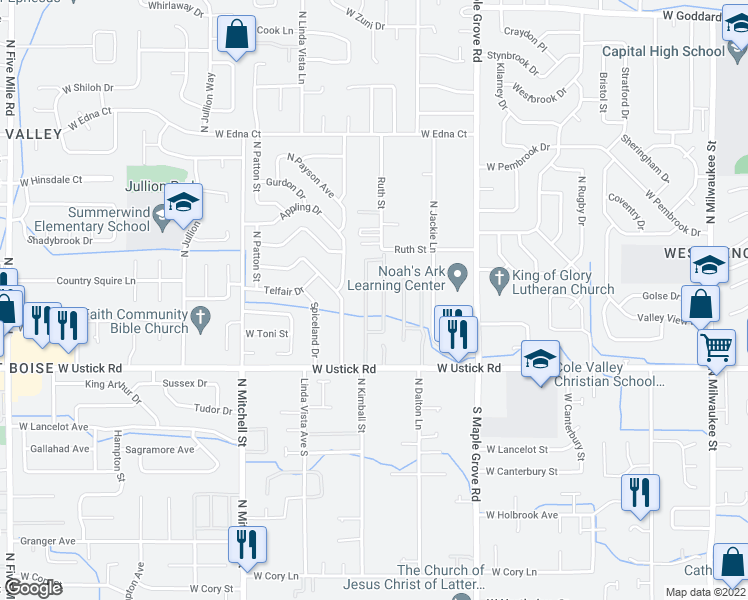 map of restaurants, bars, coffee shops, grocery stores, and more near 3397 North Yonkers Lane in Boise