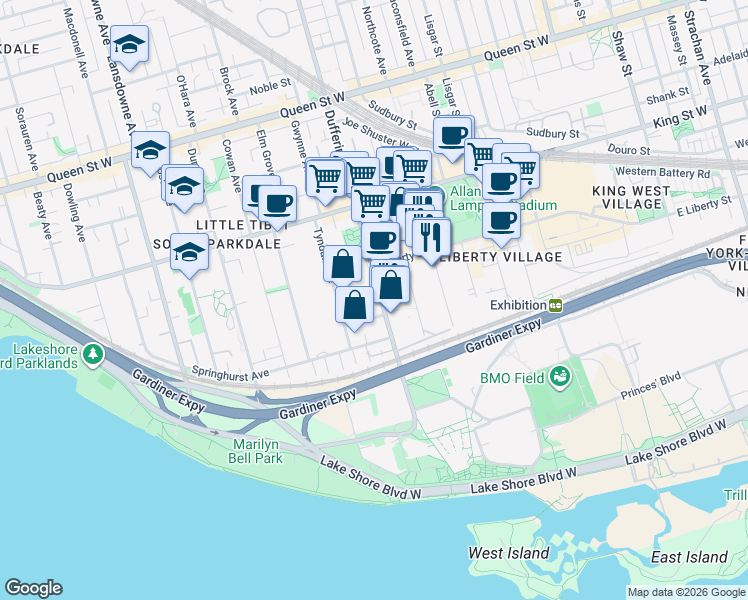 map of restaurants, bars, coffee shops, grocery stores, and more near in Toronto
