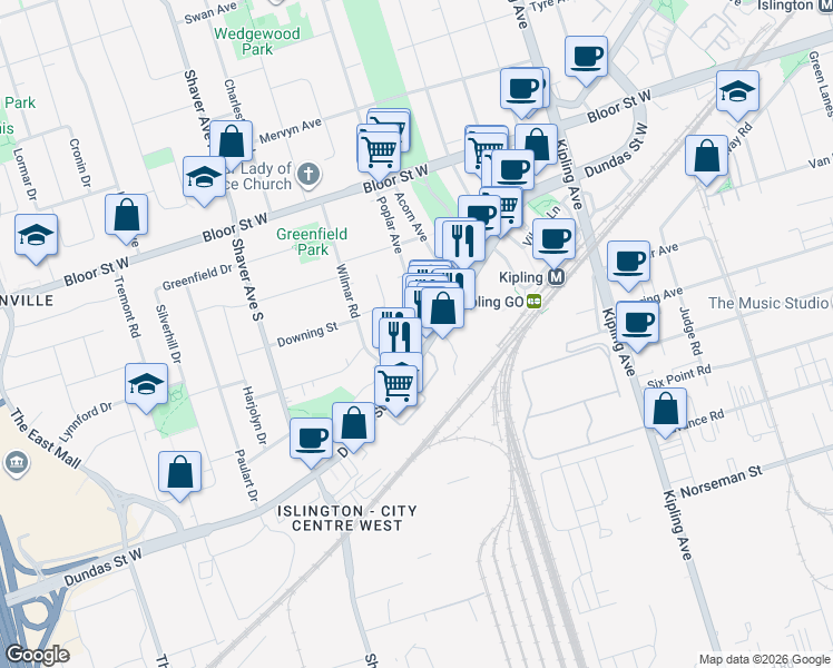 map of restaurants, bars, coffee shops, grocery stores, and more near in Toronto