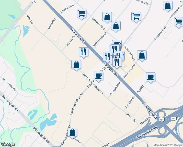 map of restaurants, bars, coffee shops, grocery stores, and more near 75 Courtneypark Drive West in Mississauga