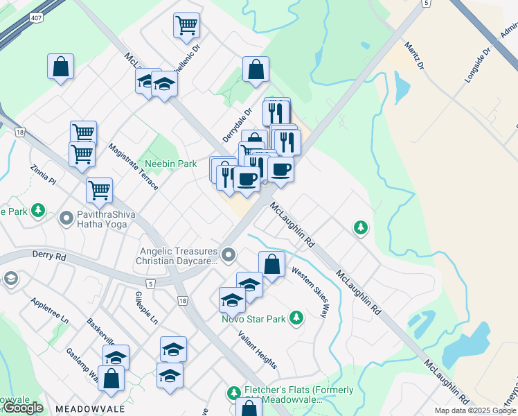 map of restaurants, bars, coffee shops, grocery stores, and more near 9755 Derry Road West in Mississauga