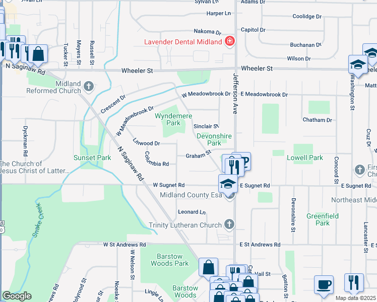 map of restaurants, bars, coffee shops, grocery stores, and more near 4214 Woodlawn Street in Midland