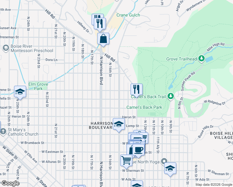 map of restaurants, bars, coffee shops, grocery stores, and more near 2002 North 16th Street in Boise