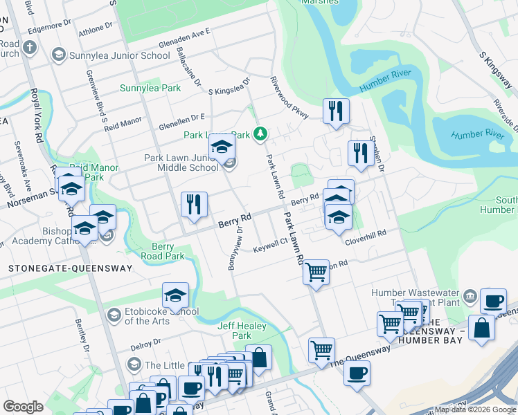 map of restaurants, bars, coffee shops, grocery stores, and more near 2 Minden Crescent in Toronto