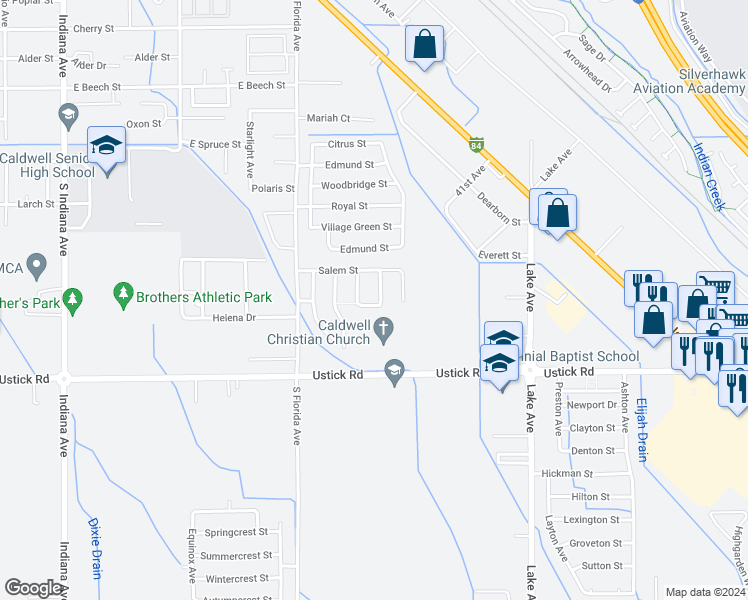 map of restaurants, bars, coffee shops, grocery stores, and more near 3814 Topeka Avenue in Caldwell