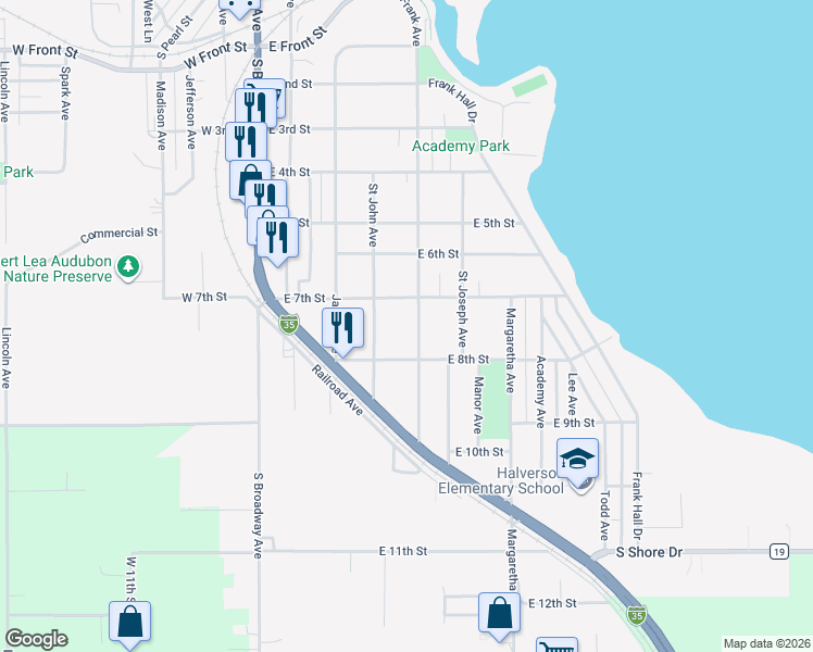 map of restaurants, bars, coffee shops, grocery stores, and more near 1304 Frank Avenue in Albert Lea