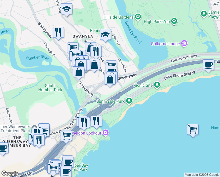 map of restaurants, bars, coffee shops, grocery stores, and more near 105 The Queensway in Toronto