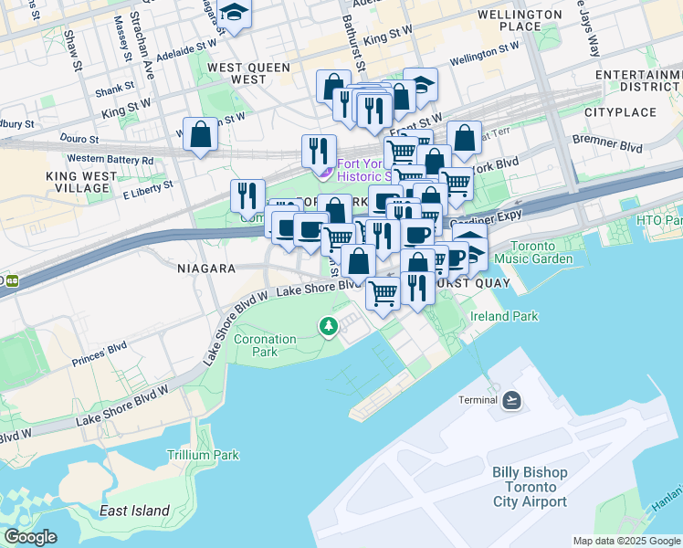 map of restaurants, bars, coffee shops, grocery stores, and more near 628 Fleet Street in Toronto