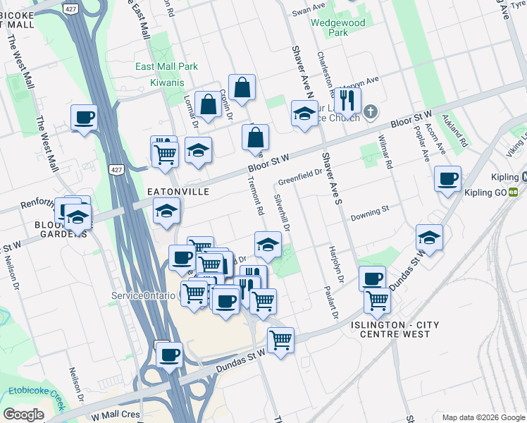 map of restaurants, bars, coffee shops, grocery stores, and more near 29 Tremont Road in Toronto