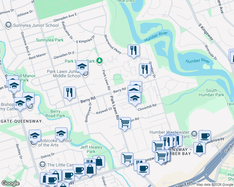 map of restaurants, bars, coffee shops, grocery stores, and more near 187 Berry Road in Toronto