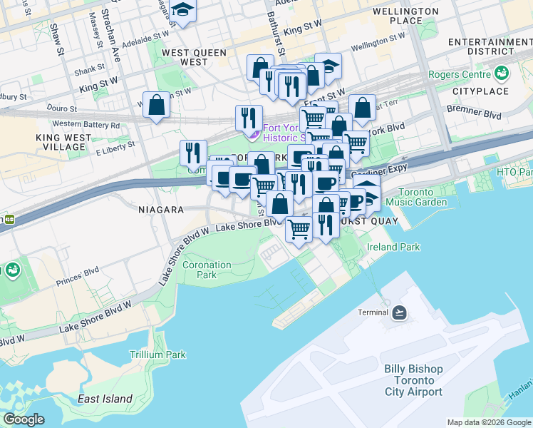 map of restaurants, bars, coffee shops, grocery stores, and more near 628 Fleet Street in Toronto