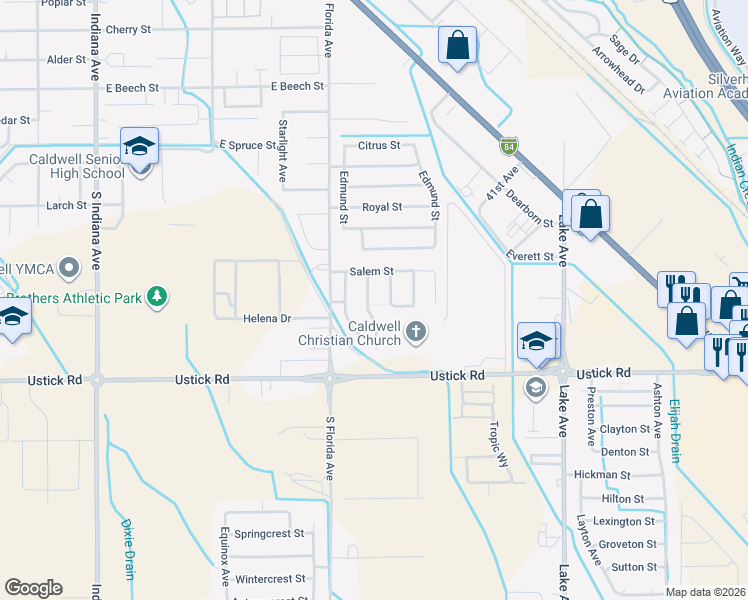 map of restaurants, bars, coffee shops, grocery stores, and more near 3803 Bismark Avenue in Caldwell