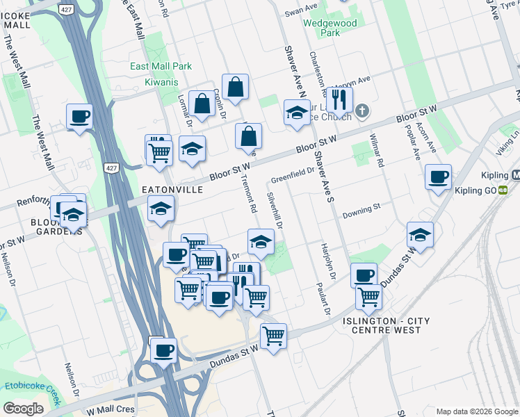map of restaurants, bars, coffee shops, grocery stores, and more near 29 Tremont Road in Toronto