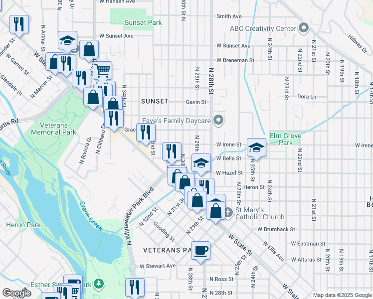 map of restaurants, bars, coffee shops, grocery stores, and more near 1717 North 30th Street in Boise