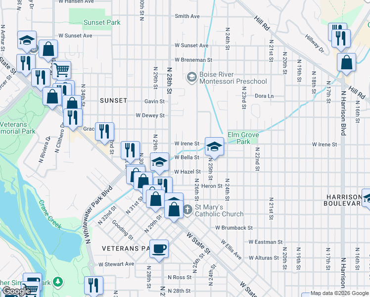 map of restaurants, bars, coffee shops, grocery stores, and more near in Boise