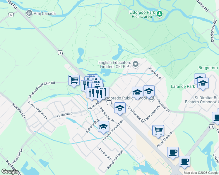 map of restaurants, bars, coffee shops, grocery stores, and more near 54 Sky Harbour Drive in Brampton