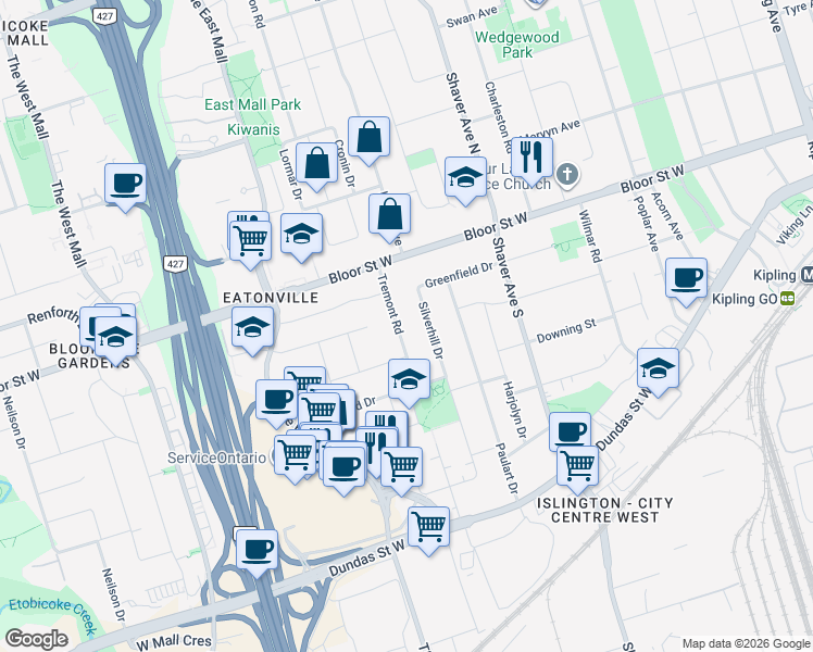 map of restaurants, bars, coffee shops, grocery stores, and more near in Toronto