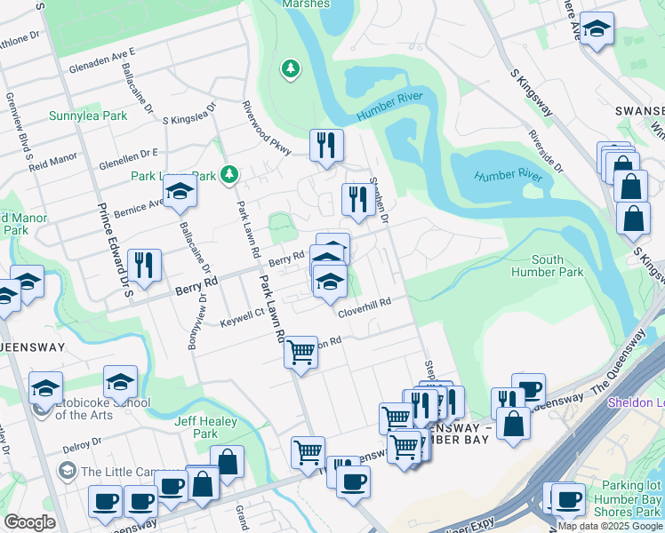 map of restaurants, bars, coffee shops, grocery stores, and more near 4 Kinsdale Boulevard in Toronto